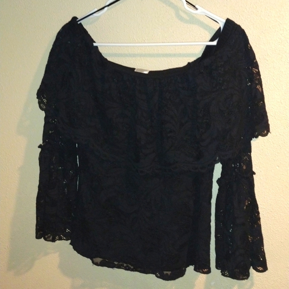 Black Lace Bell Sleeve Open Shoulder Dress Top M